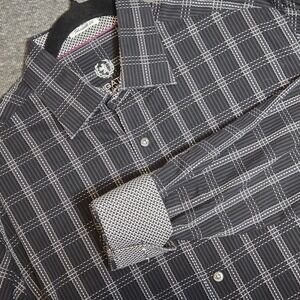 Bugatchi Uomo Shaped Fit Flip Cuff‎ Plaid Check Black / White Button Shirt Sz M